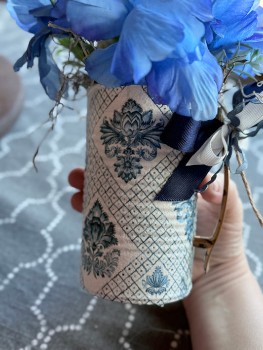 #2 Upcycled Can | Vintage Blue and White scroll pattern | Brass Handle Decor | Pitcher Floral Arrangement