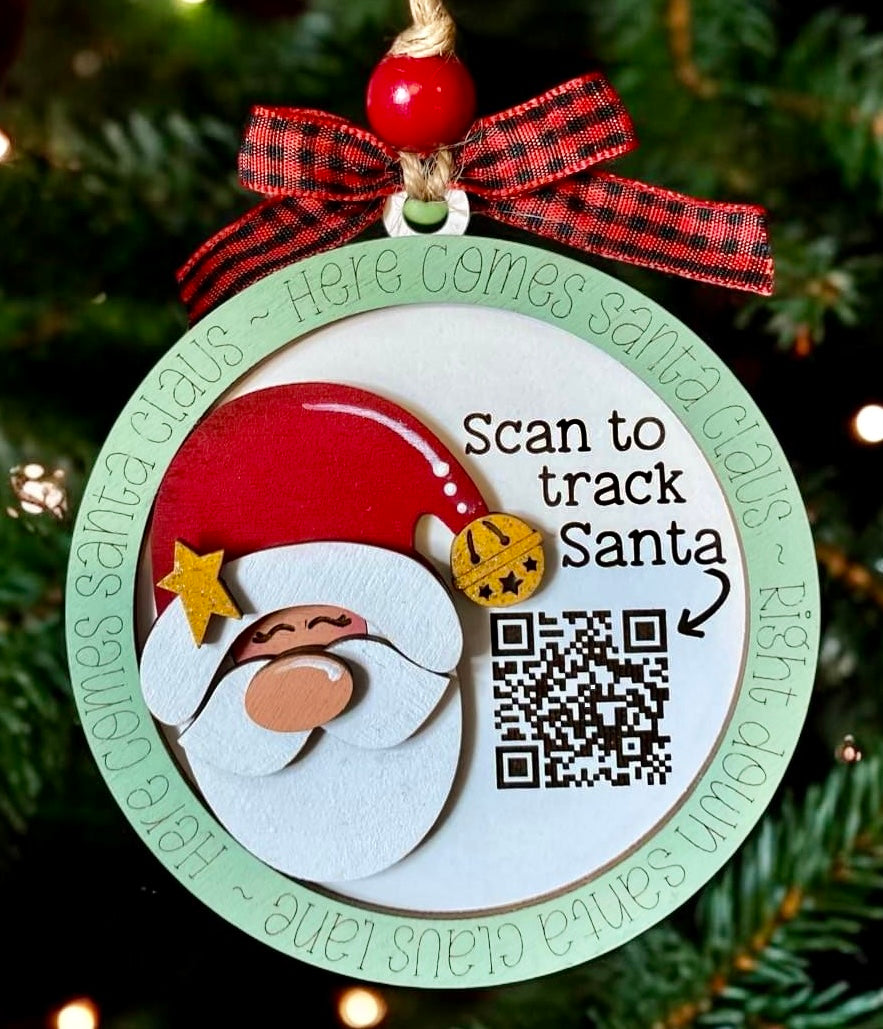 Santa Tracker Ornament | Laser Cut & Engraved Holiday Decor | Hand-Painted Santa | Track Santa’s Sleigh Globally