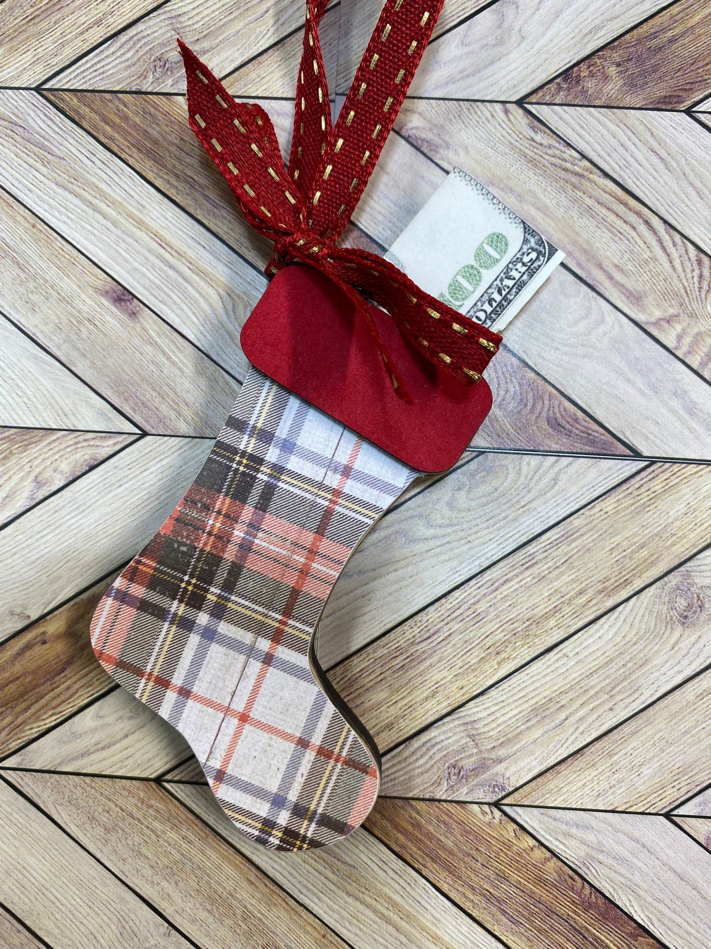 Money Stocking Christmas Ornament, Plaid design stocking, Christmas Tree Ornament