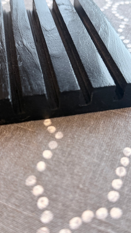 Close up side view of black stand