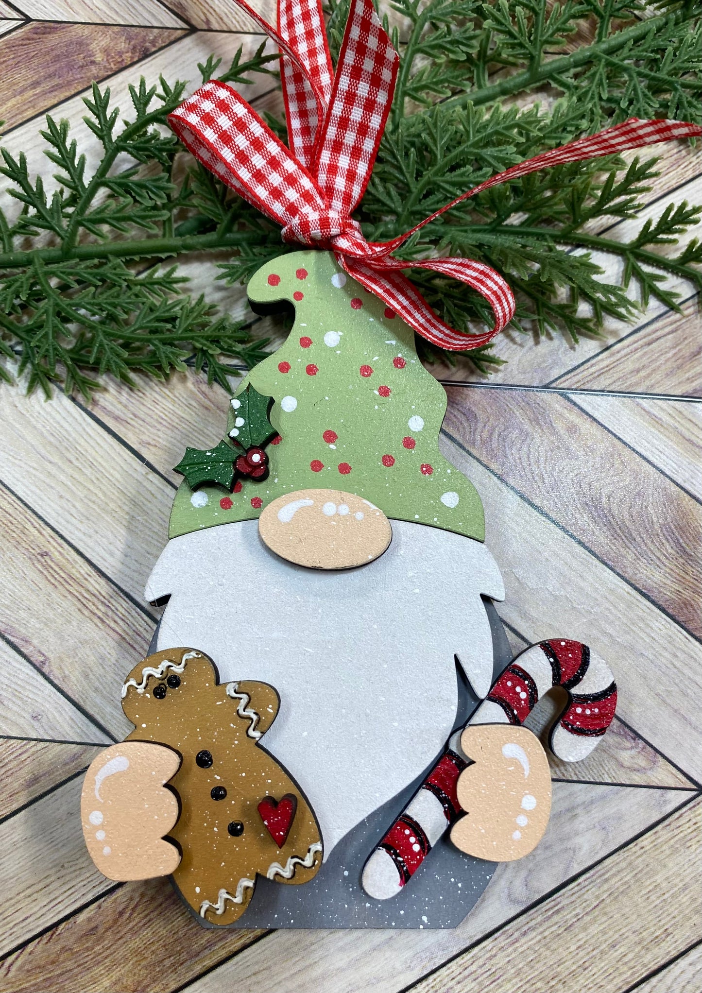 Gnome Ornament, polkadot hat, Christmas Tree Ornament, Holiday Gift, Festive Decor, Gnome Decor