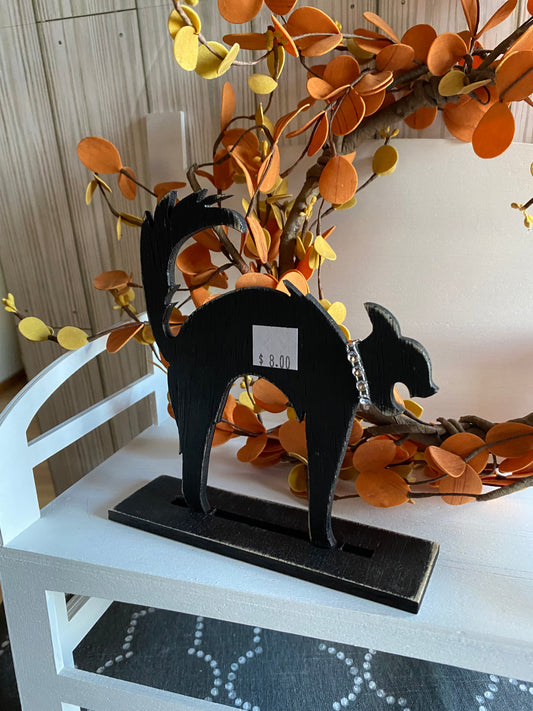 Small Black Cat Decor, 6x5.5" Black Cat, Halloween Decor with bling collar