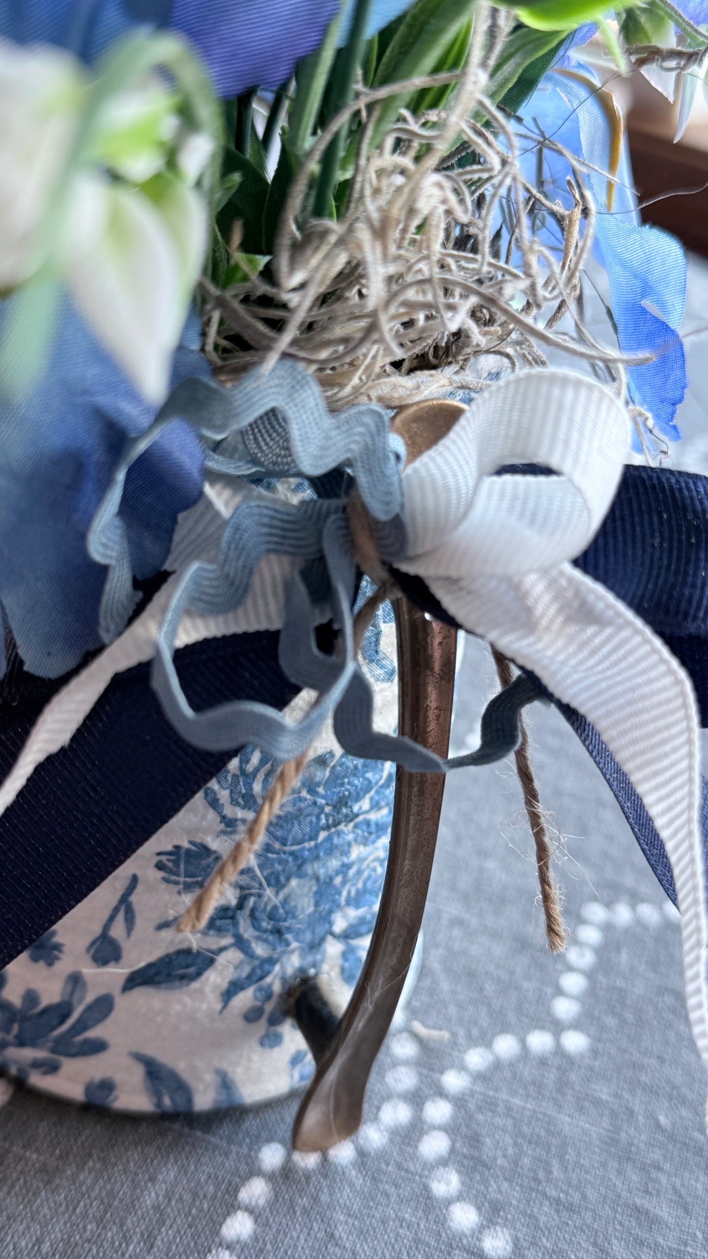 #1 Upcycled Can | Vintage Blue and White Floral pattern | Brass Handle Decor | Pitcher Floral Arrangement