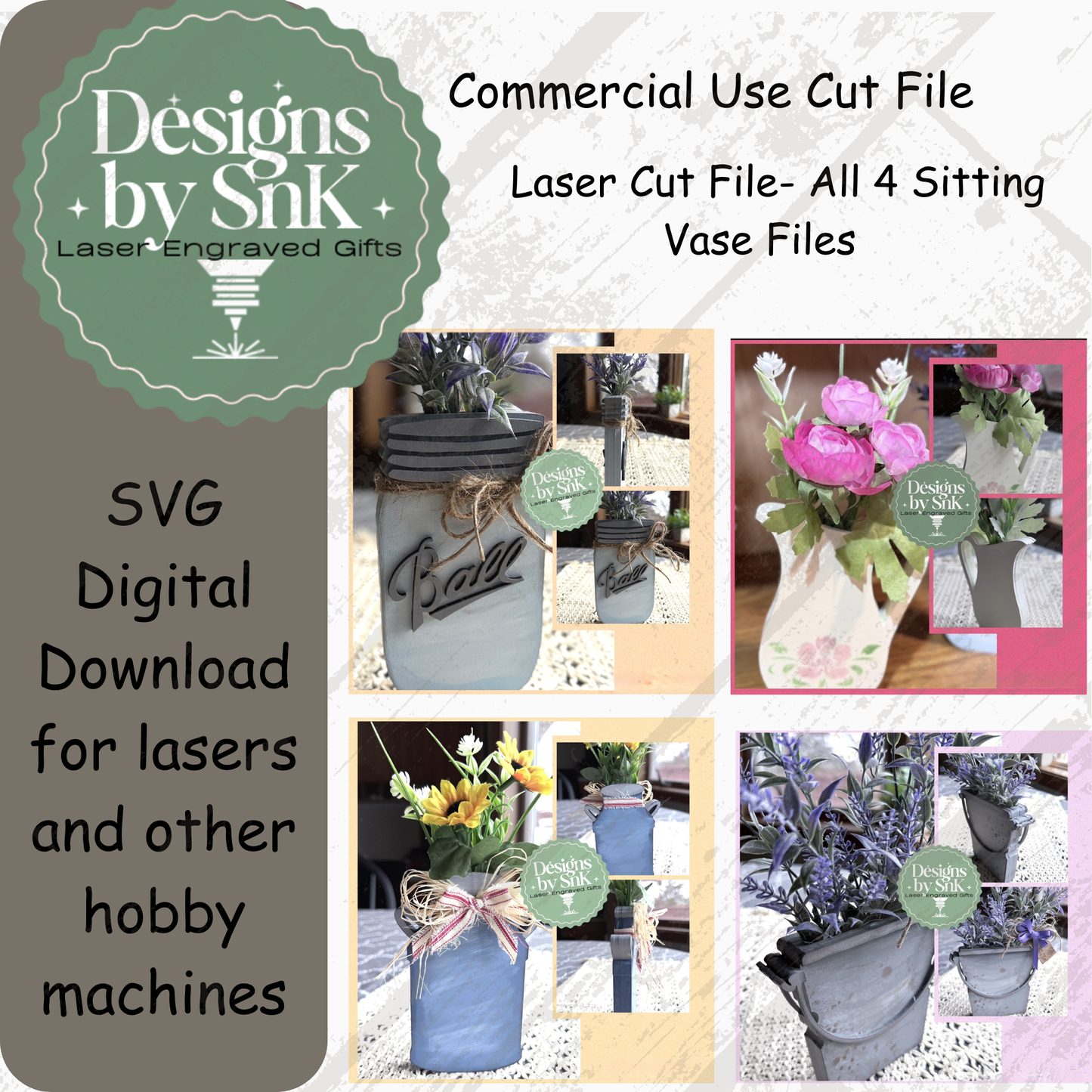 Farmhouse Vase Bundle - 4 Laser Cut Files SVG Digital Download