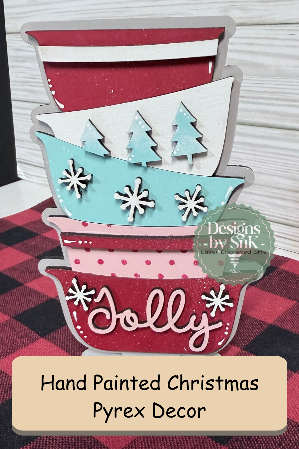 Hand painted Christmas Pyrex decor with 'Dolly' on a red and white checkered background.