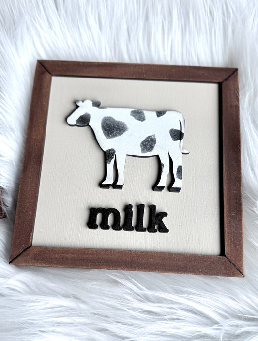 Cow and milk 6x6 rustic wooden farmhouse sign - part of 3 piece kitchen wall decor set"