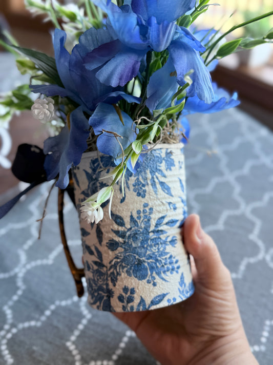 #1 Upcycled Can | Vintage Blue and White Floral pattern | Brass Handle Decor | Pitcher Floral Arrangement