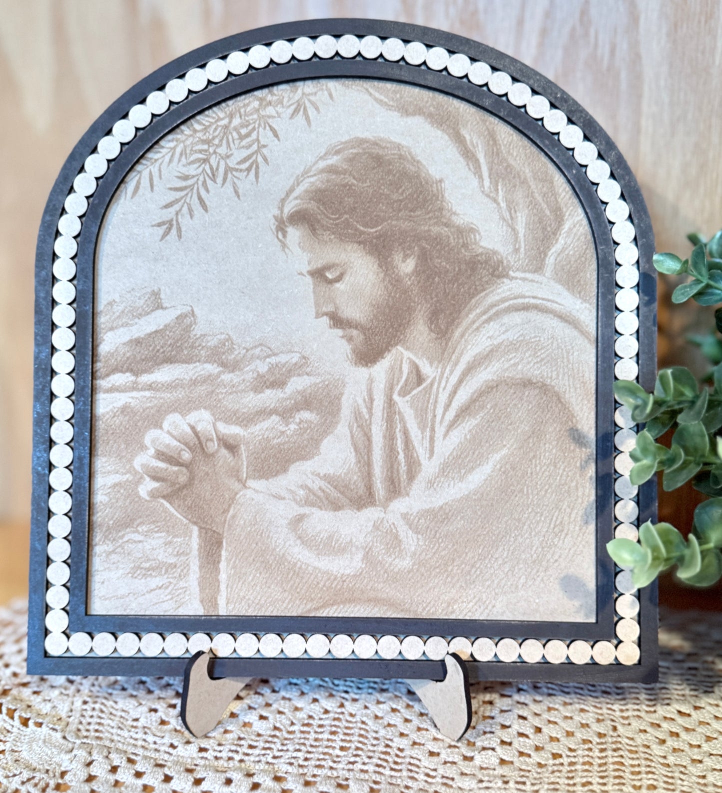 Jesus Praying in the garden of Gethsemane | 9.5x10” Framed Art | Engraved Art of Jesus in Prayer
