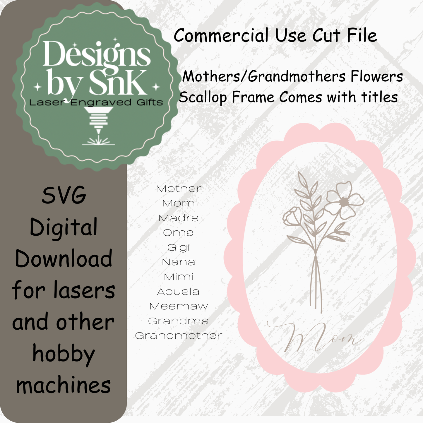 Promotional graphic for 'Designs by Sink' with floral design and text about SVG digital download and laser engraving.