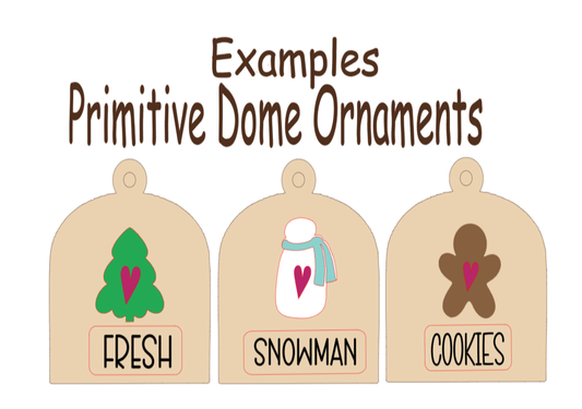 "Three primitive dome ornaments SVG snowman fresh cut tree gingerbread cookies designs"