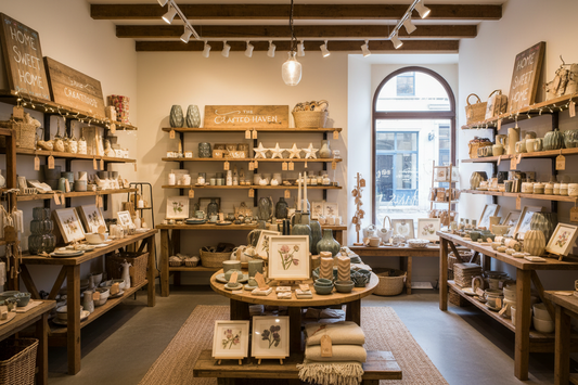 This is a handmade boutique, arch window in far right corner, track lighting from beams on ceiling, and shelves and thin tables display hand made gifts nicely. 