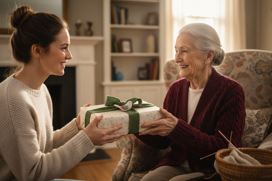 Giving handmade gifts for generations, a young woman gifting her grandmother a special handmade gift.  
