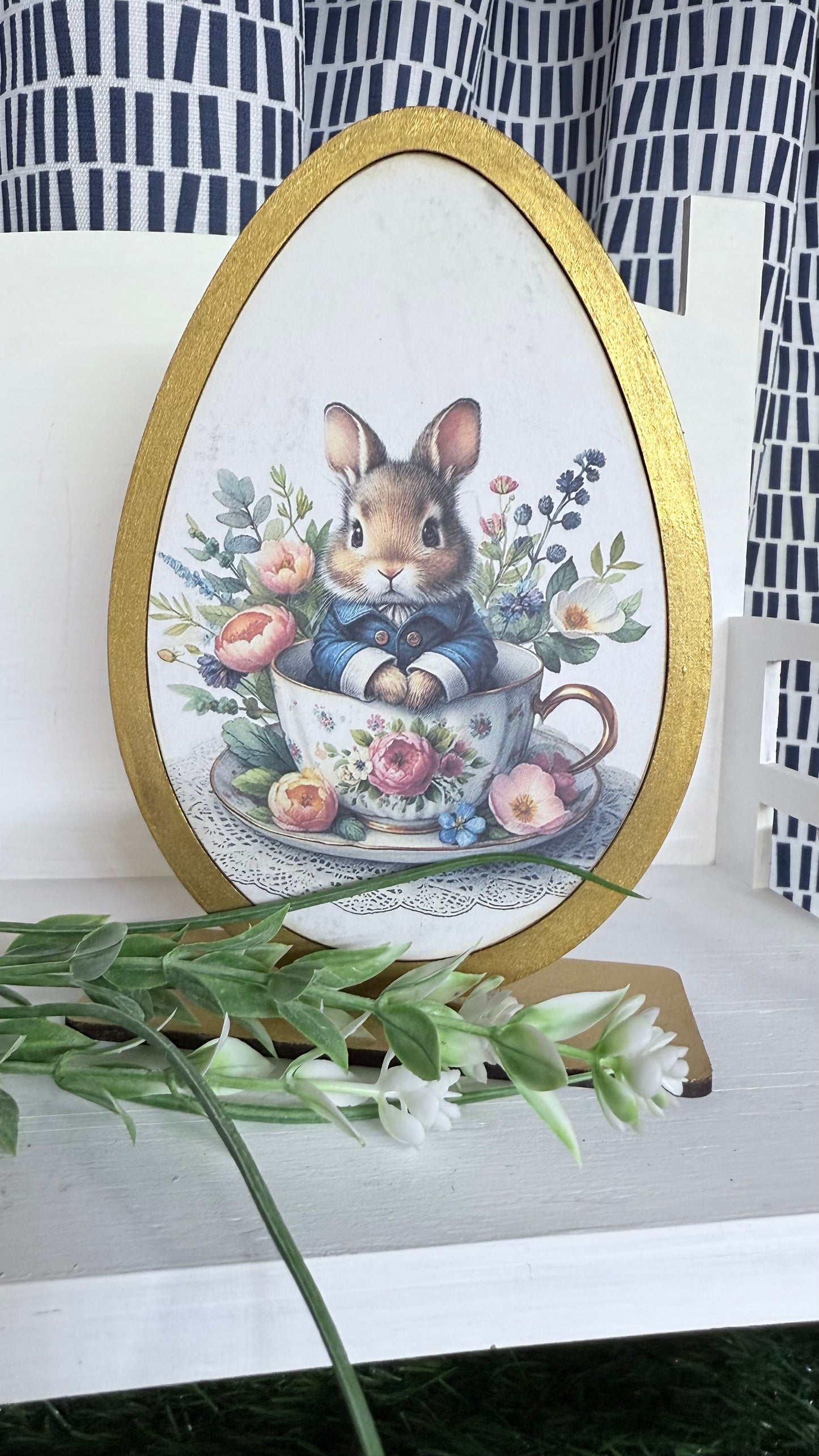 Spring Bunny in Teacup Egg Shape Sign - Easter Home Decor, Spring Decoration for Easter, Handcrafted Wood Sign