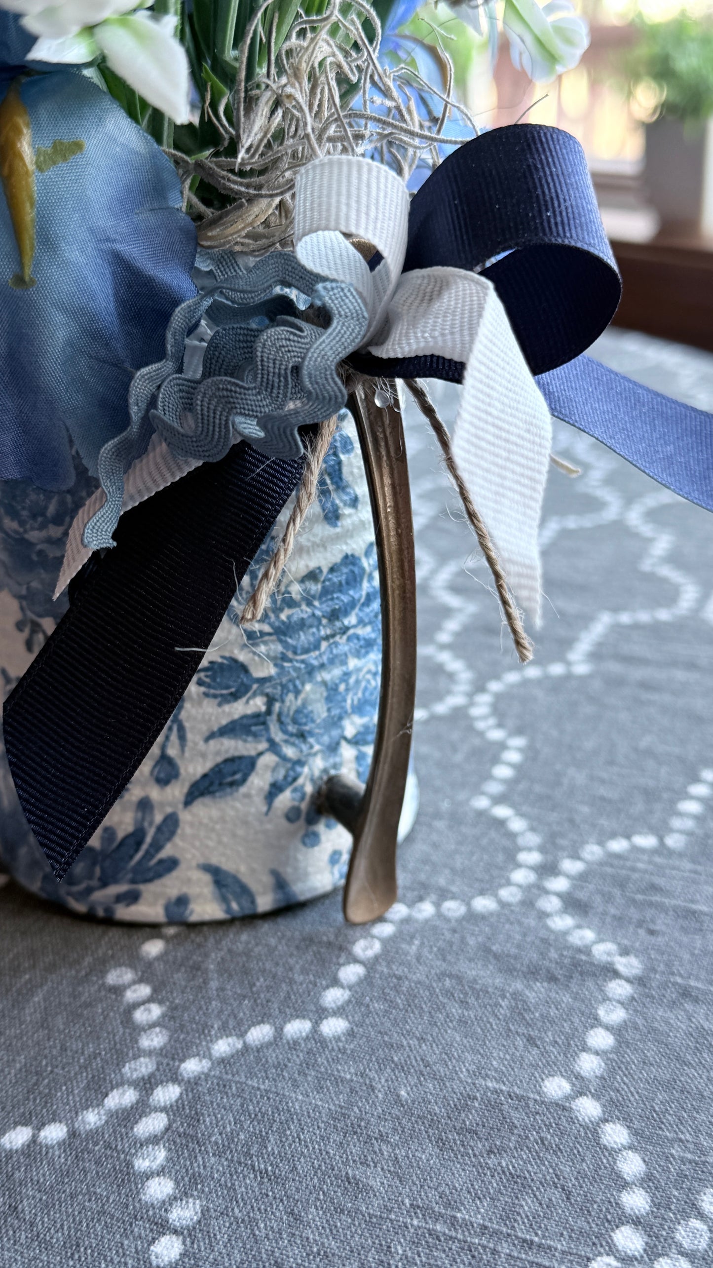 #1 Upcycled Can | Vintage Blue and White Floral pattern | Brass Handle Decor | Pitcher Floral Arrangement