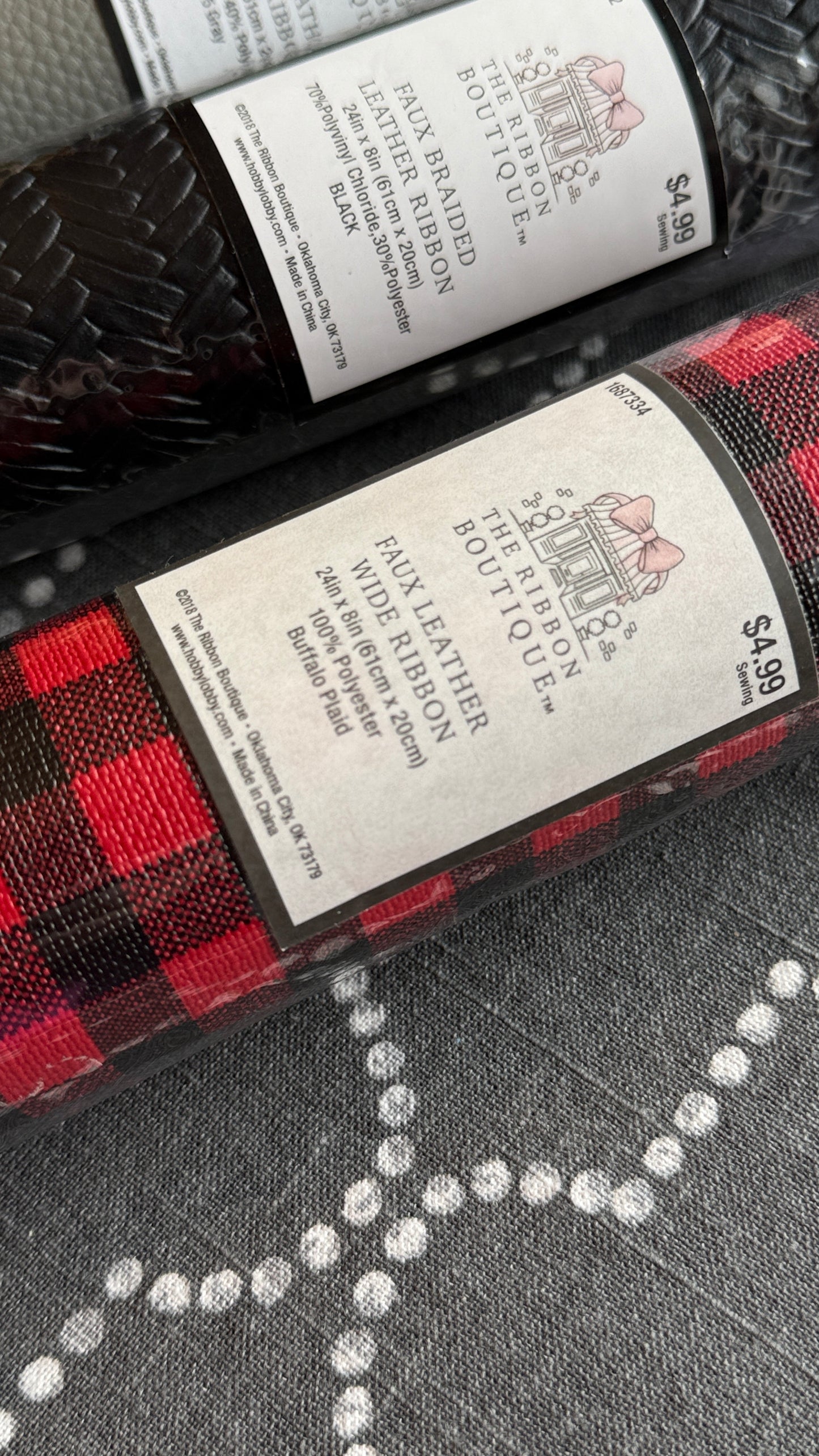 Red and black faux leather ribbon detail