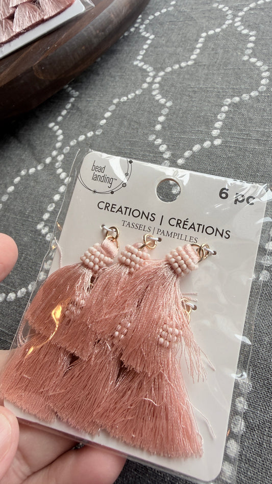 Light pink beaded tassels 6-pack with gold jump rings for jewelry making
