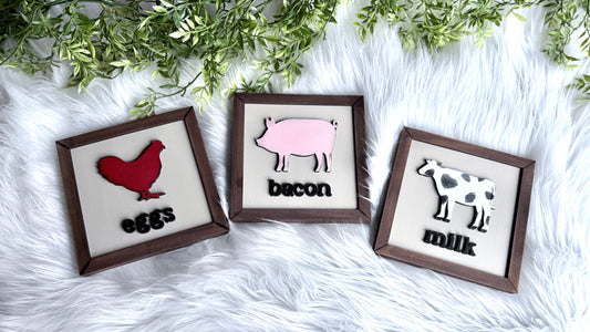Rustic farmhouse sign set of 3 - 6x6 wooden wall decor with chicken eggs, pig bacon, and cow milk designs"