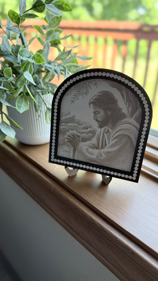 Jesus Praying in the garden of Gethsemane | 5” x 5” Framed Art | Engraved Art of Jesus in Prsyer