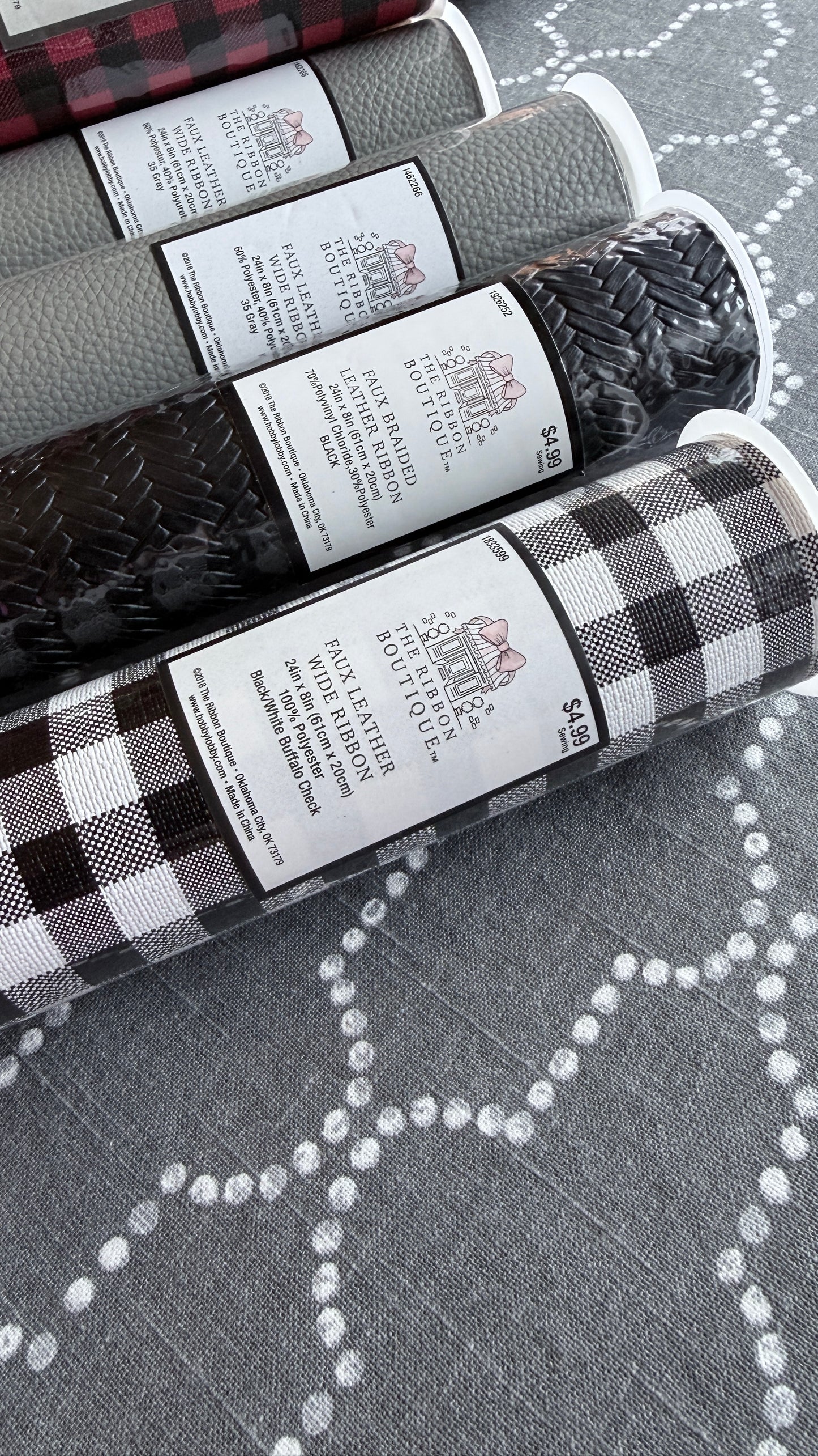 Black and white patterned faux leather ribbon