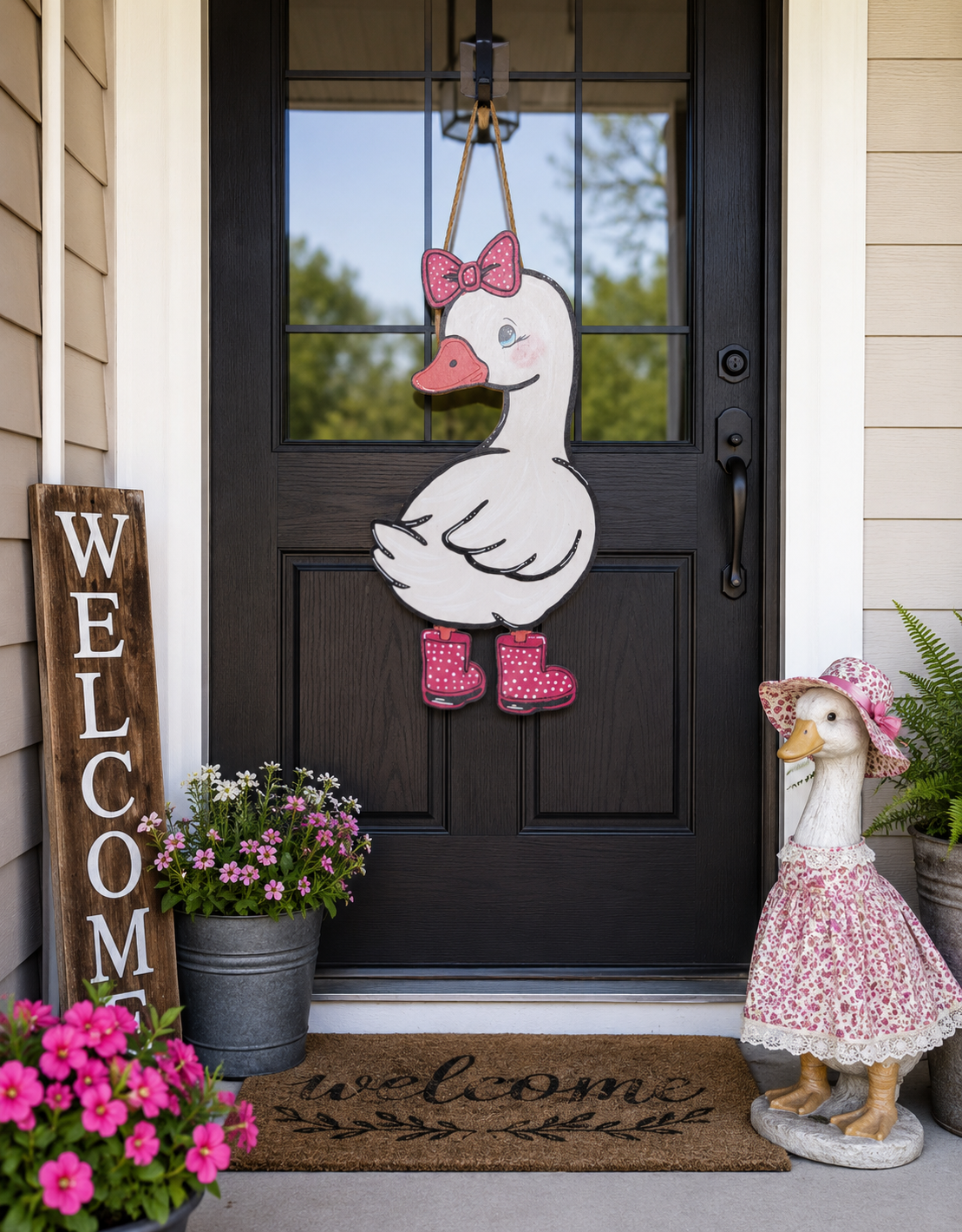 Goose door hanger with polkadot boots and bow