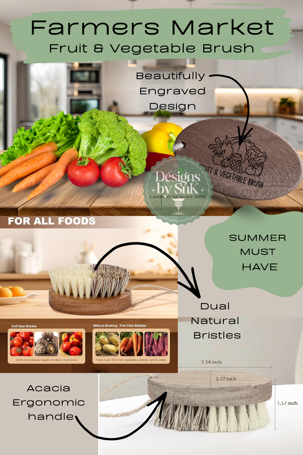 Farmers Market Fruit & Vegetable Brush with kitchen background and product details.