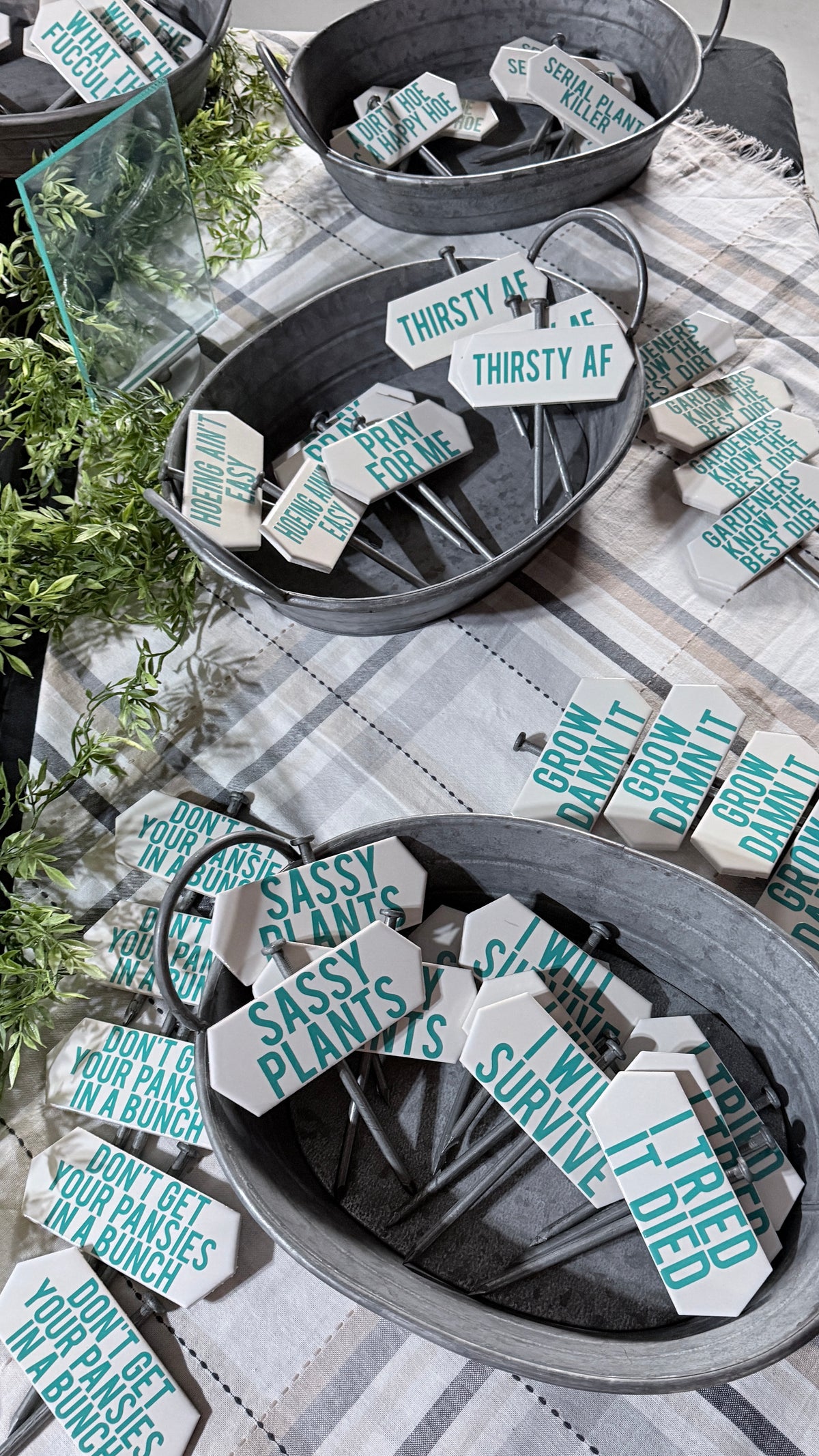 Sassy Plant Stakes for garden, plants, landscapes, Metal Stakes and Ceramic markers