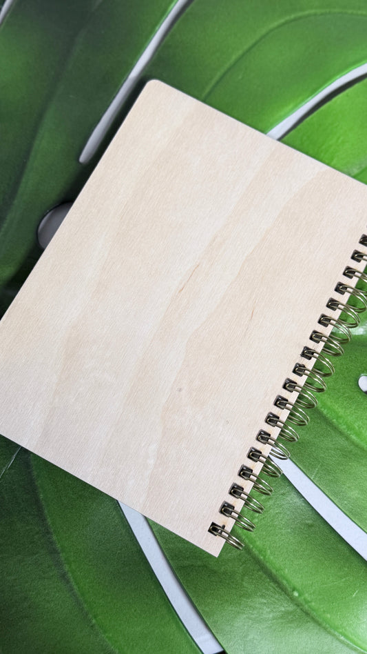 "Back view of personalized wooden journal showing smooth wood finish and binding detail"