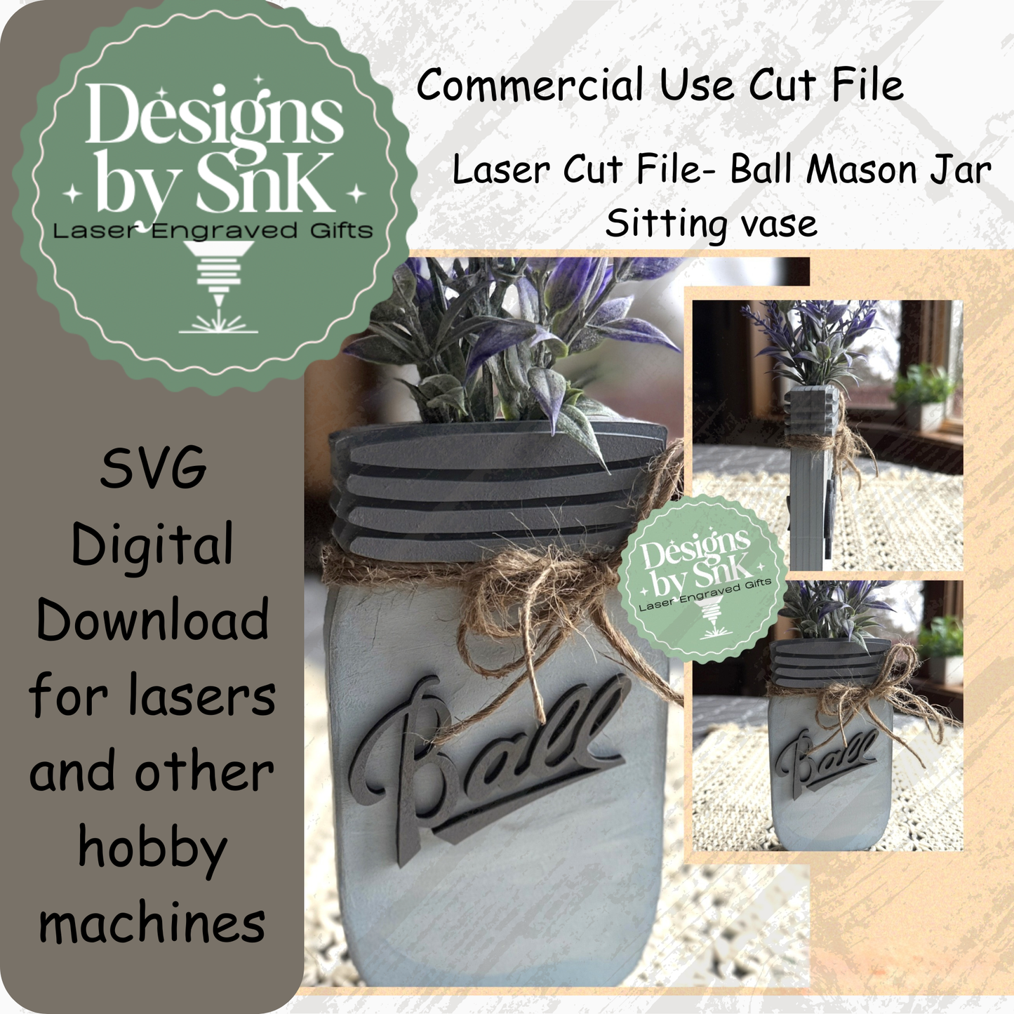 Ball Jar Laser Cut File - Mason Jar Vase SVG Digital Download
