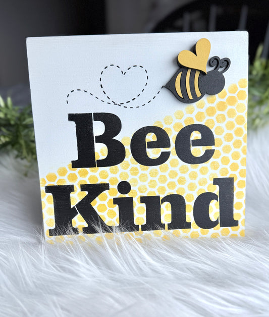 "Rustic Bee Kind wooden sign with hand-painted bee design - 6x6 farmhouse decor"
