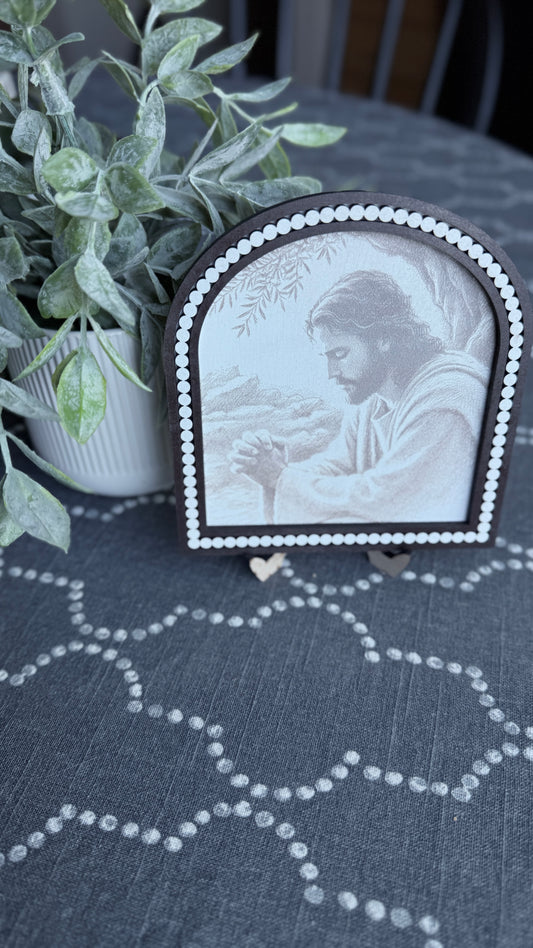 "Jesus praying in Garden of Gethsemane 5x5 framed religious wall art with beaded wooden frame and easel stand"