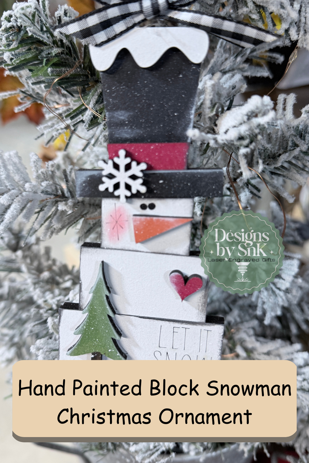 Hand Painted Block Snowman Christmas Ornament with snowy tree background