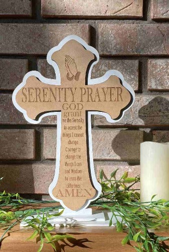 "Hand-painted Serenity Prayer wooden cross shelf sitter with Christian inspirational text for home decor"