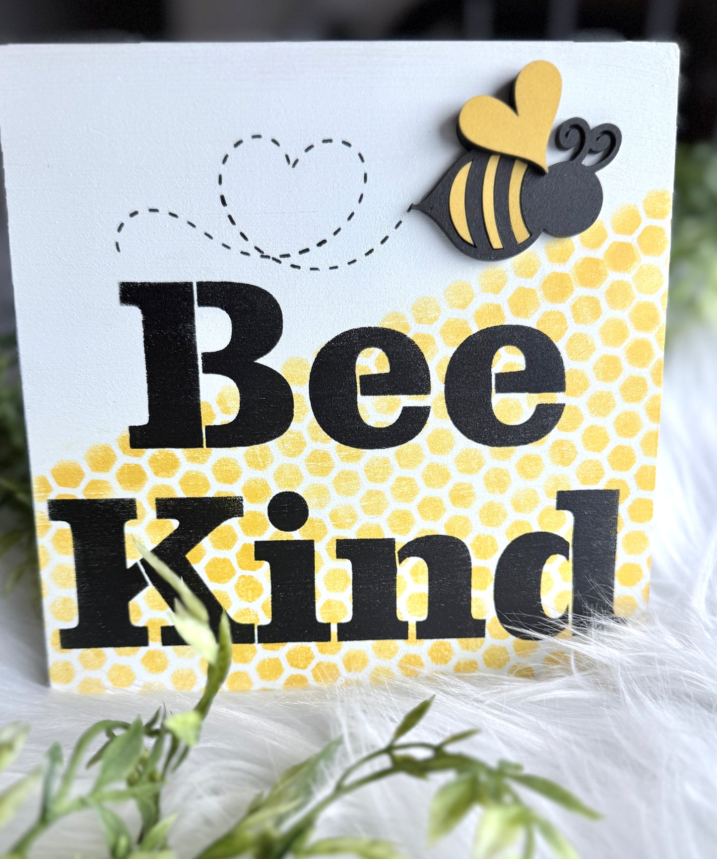 Bee Kind wooden sign color palette - golden yellow, black and cream hand-painted design"