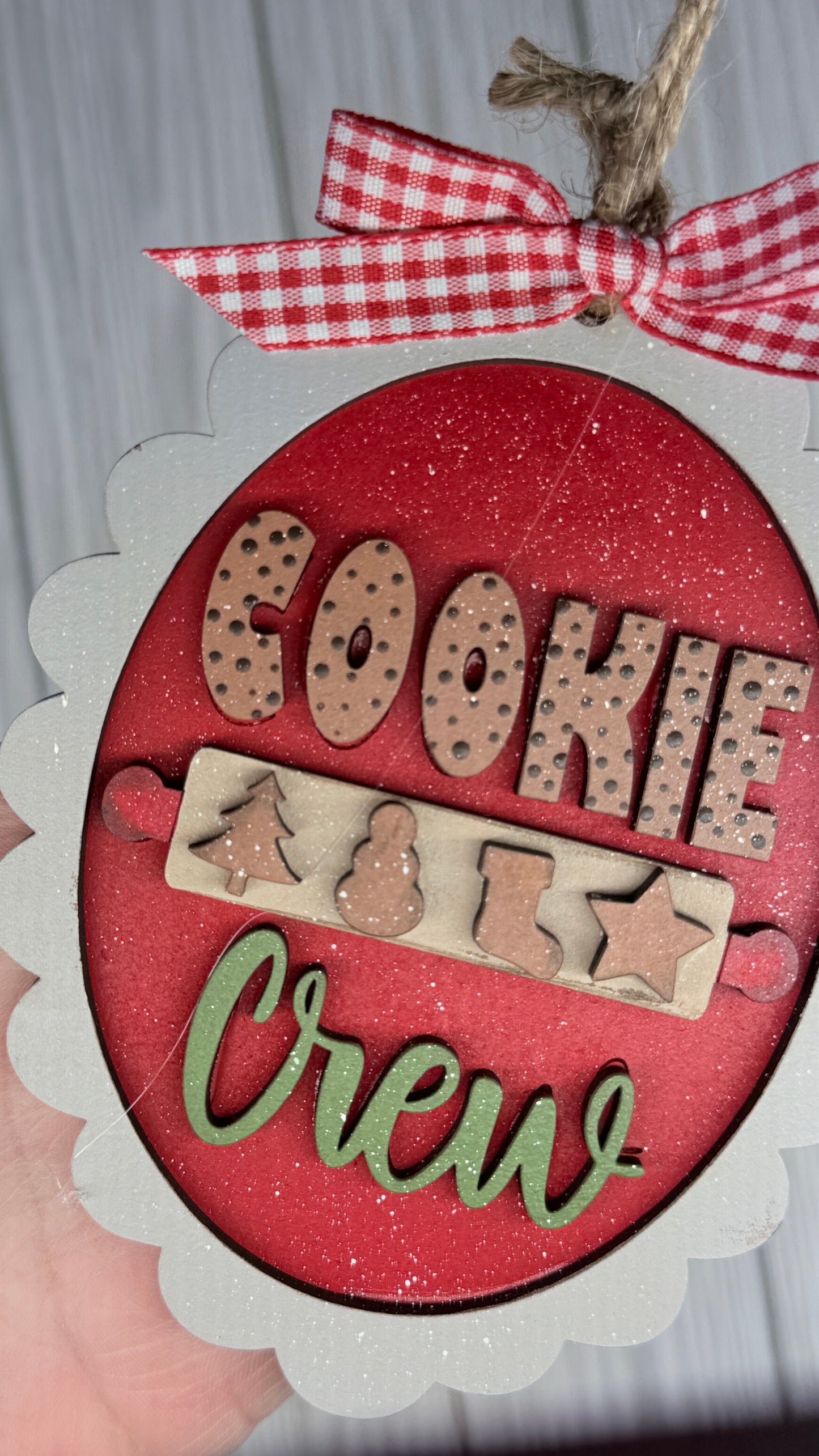 Cookie crew ornament with rolling pin and 4 little cut out cookies.  Red and with bow is perfect for kitchen themed trees.  