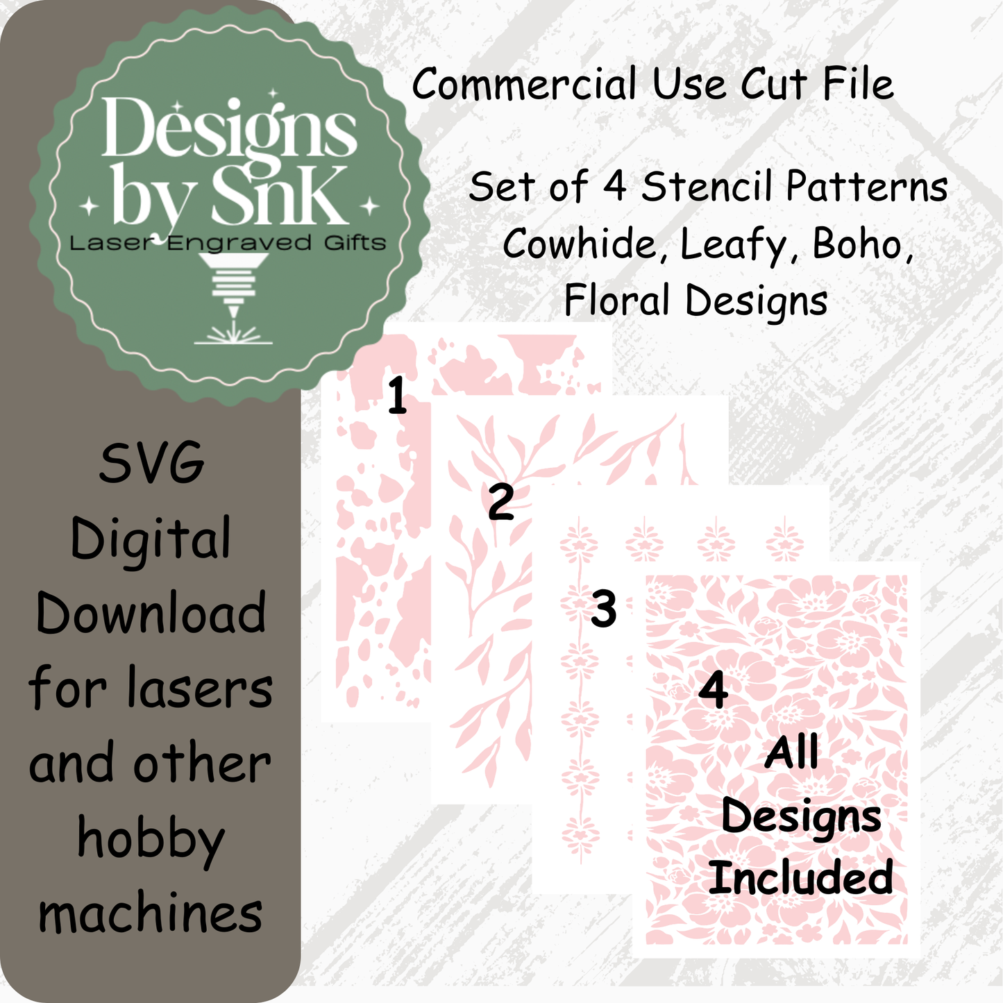 Boho Pattern SVG Bundle - Cowhide, Leafy, Floral & Boho Designs 4-Pack Digital Cut Files