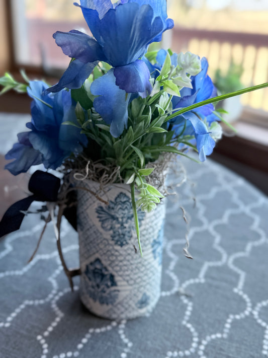 #2 Upcycled Can | Vintage Blue and White scroll pattern | Brass Handle Decor | Pitcher Floral Arrangement