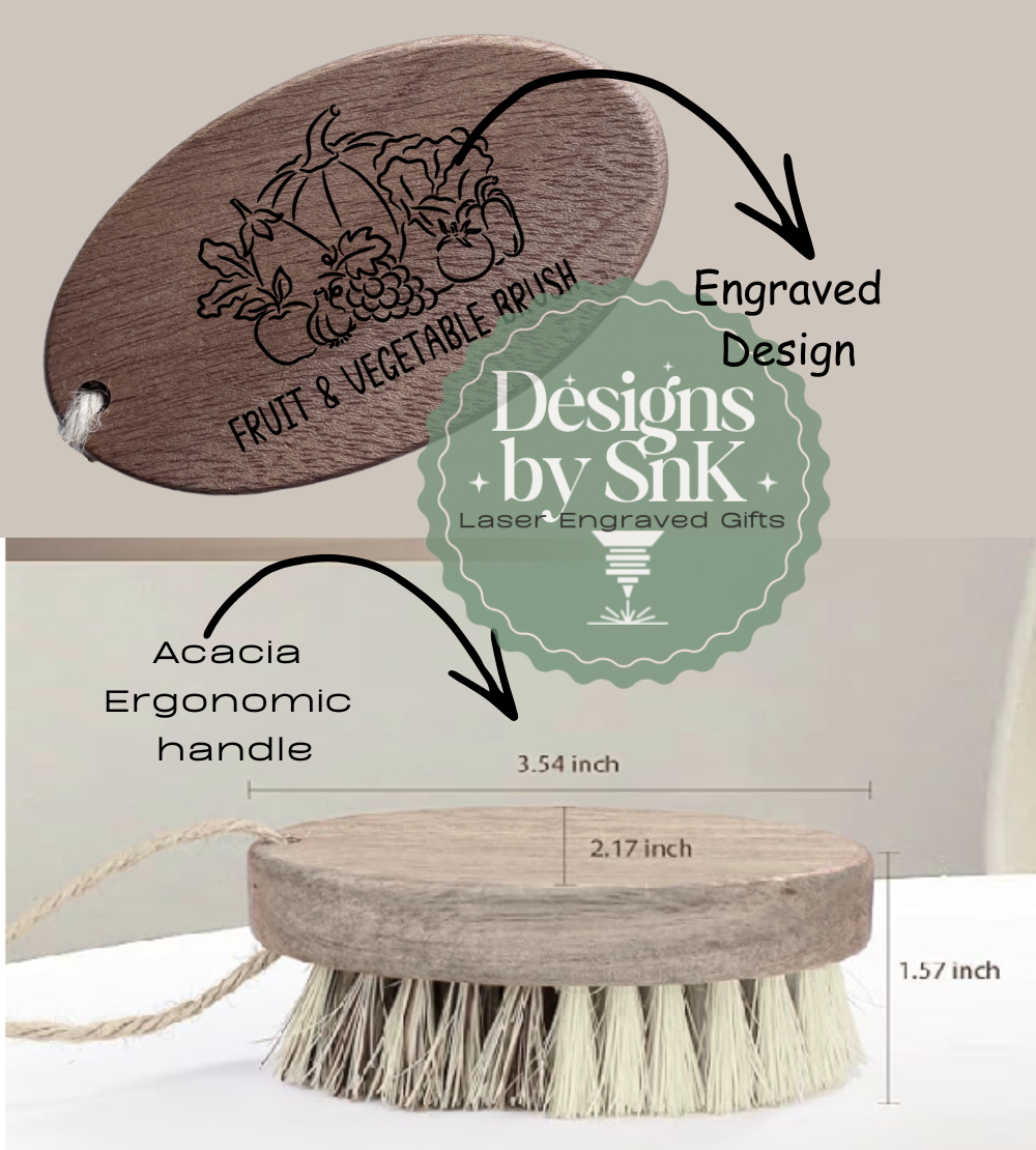 Photo of the sizing and engraved image for the Farmers Market Fruit and Vegetable Brush