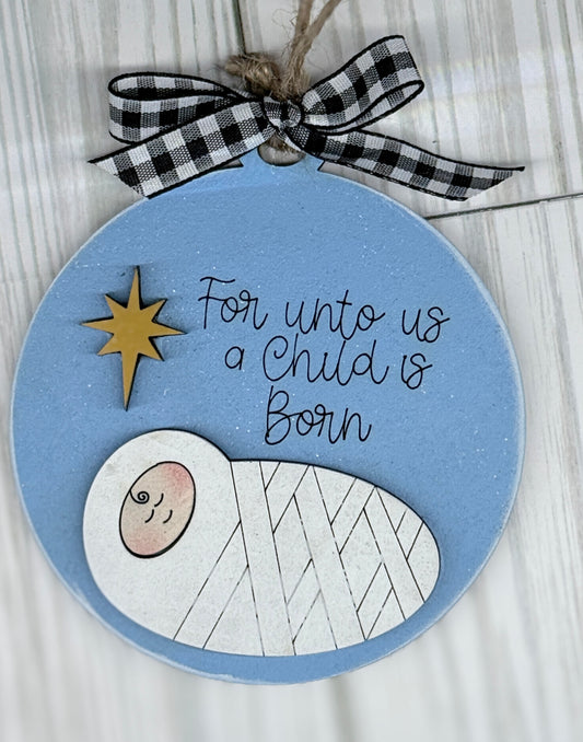 Religious Christmas Tree Ornament | For unto us a child is born round ornament
