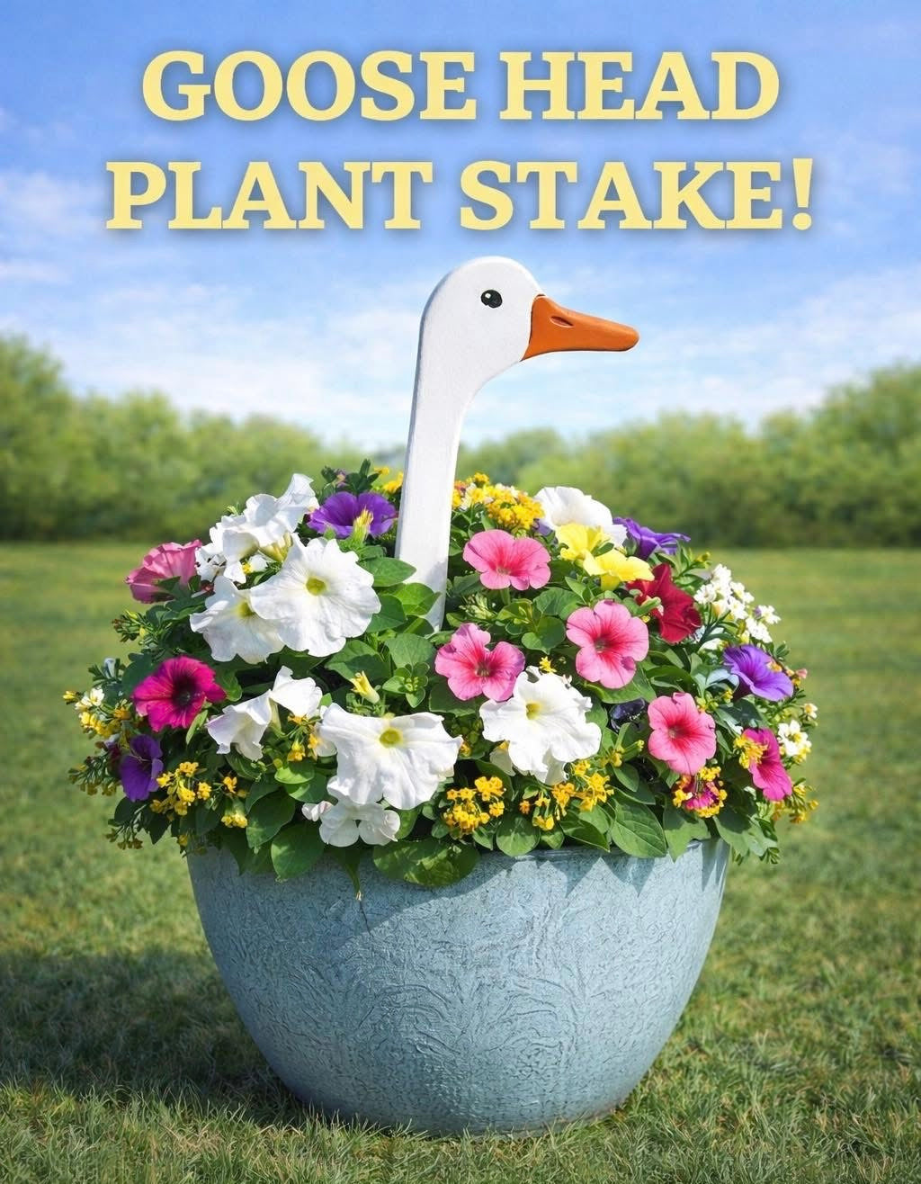 Goose plant stake perking out of a pot of flowers