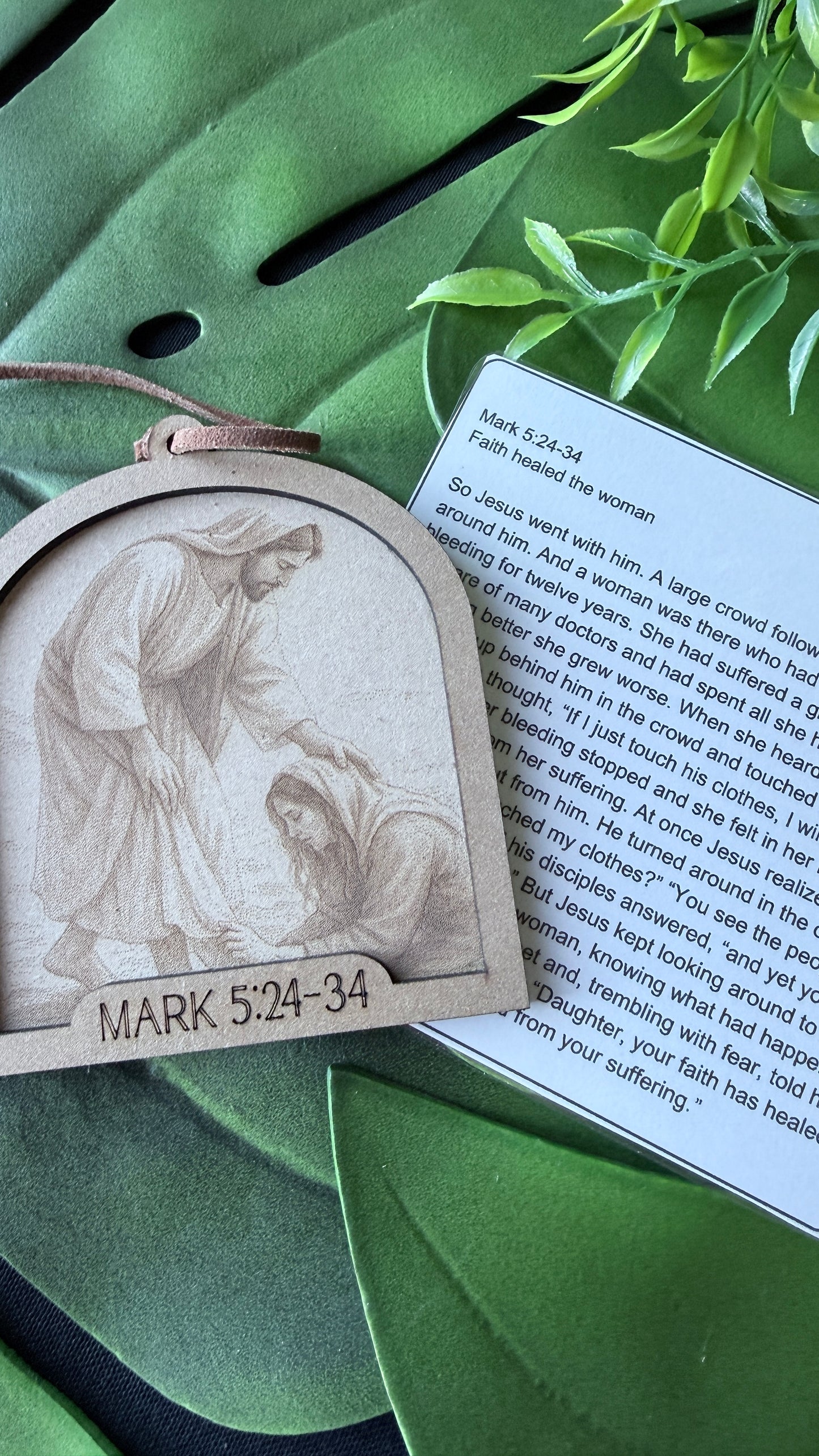 Decorative ornament engraved sketch of the woman touching Jesus robe to be healed. 