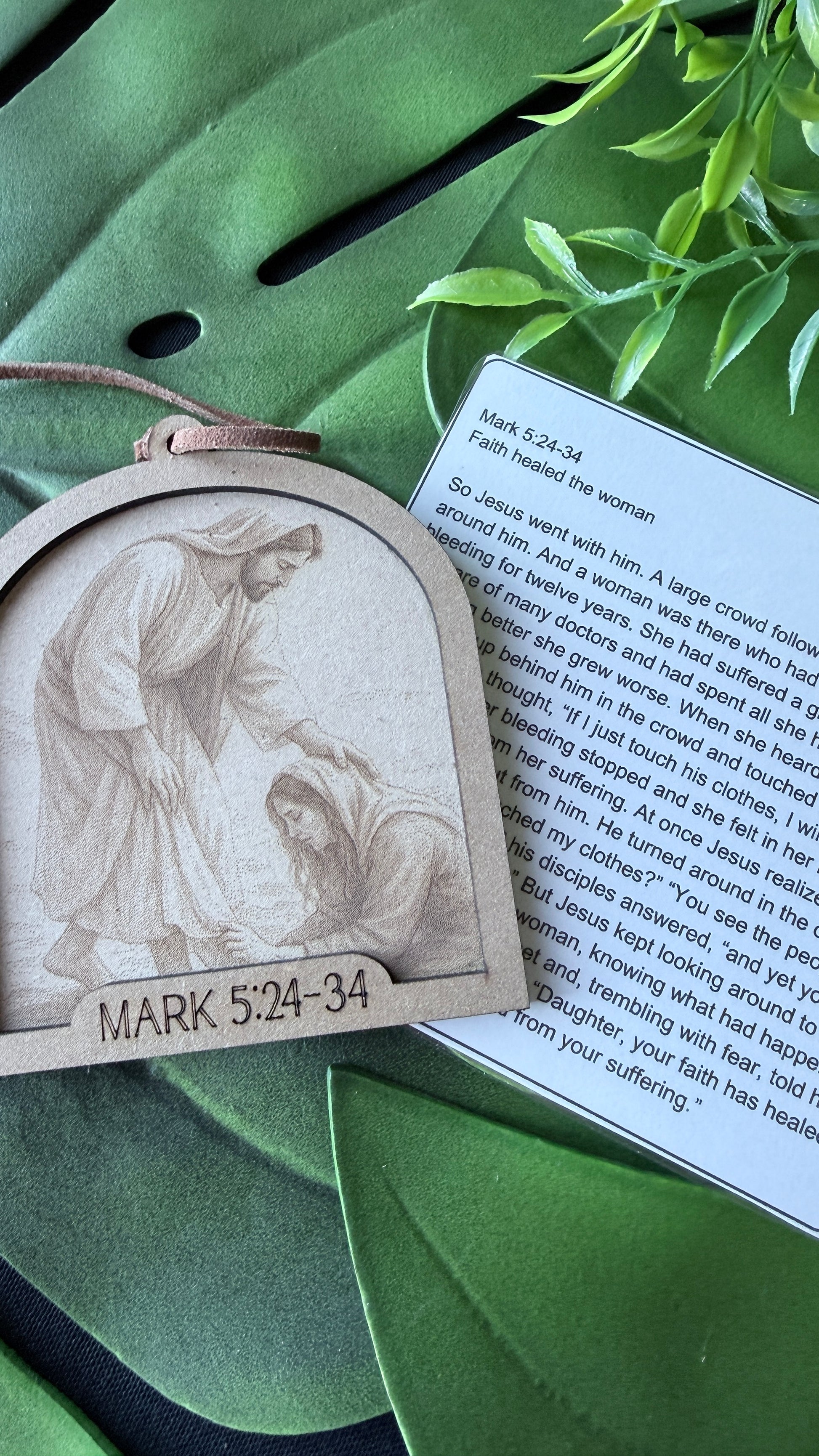 Decorative ornament engraved sketch of the woman touching Jesus robe to be healed. 