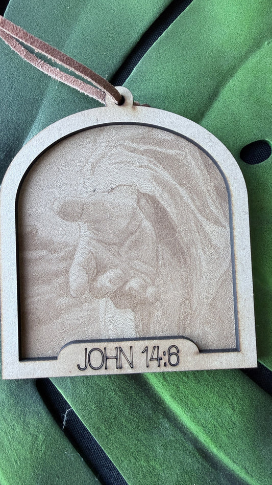 Close-up of Path to Heaven ornament showing layered design and hand-engraved John 14:6 Bible verse detail, Christian inspirational decoration with verse card