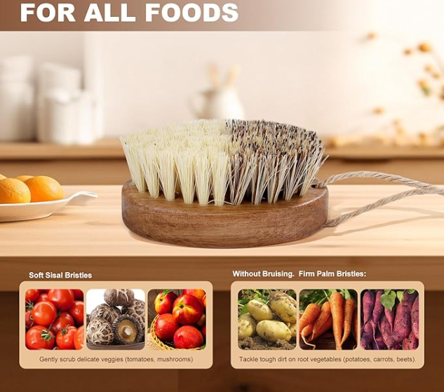 Dual Natural Bristles for cleaning softer skin fruits and vegetables & tough dirt rooted vegetables.  