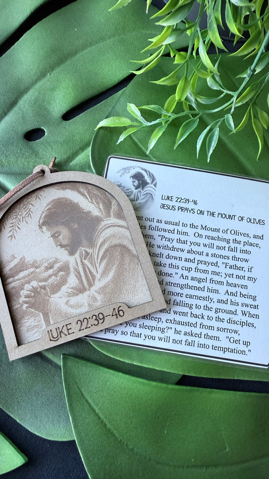 Jesus in Prayer handmade Christmas ornament with story card, religious décor made in Columbia Missouri by Designs by SNK"