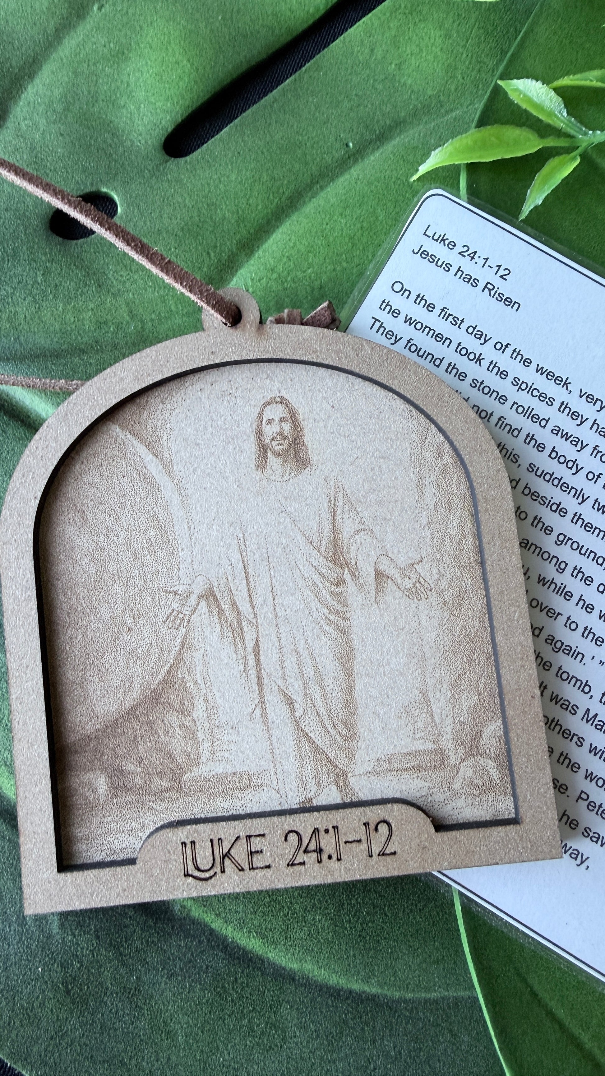Jesus Has Risen hand-engraved ornament with Luke 24:1-12 verse card, handmade Easter and Christmas religious décor made in Columbia Missouri
