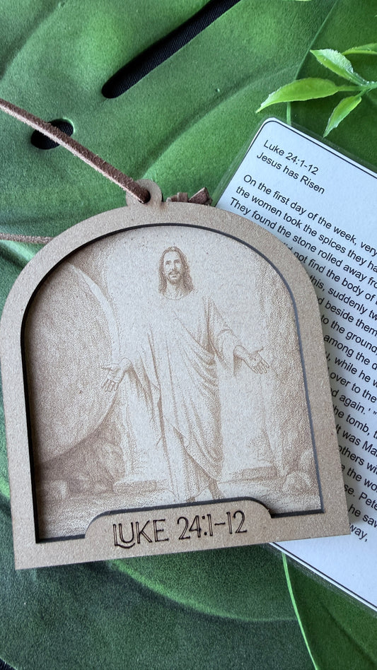 Jesus Has Risen hand-engraved ornament with Luke 24:1-12 verse card, handmade Easter and Christmas religious décor made in Columbia Missouri