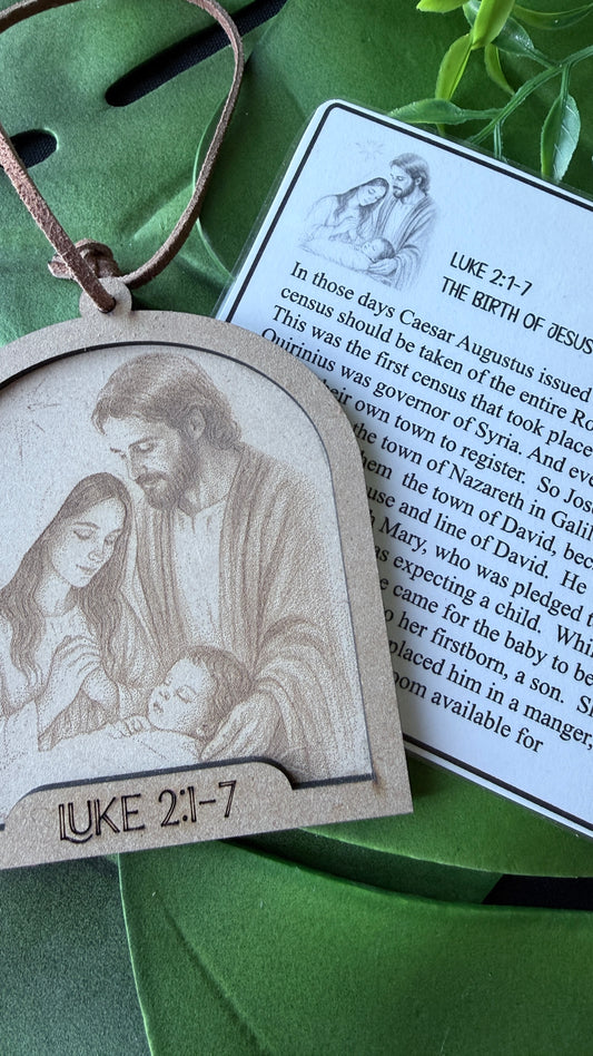Jesus is Born handmade nativity ornament with story card, religious Christmas décor made in Columbia Missouri by Designs by SNK