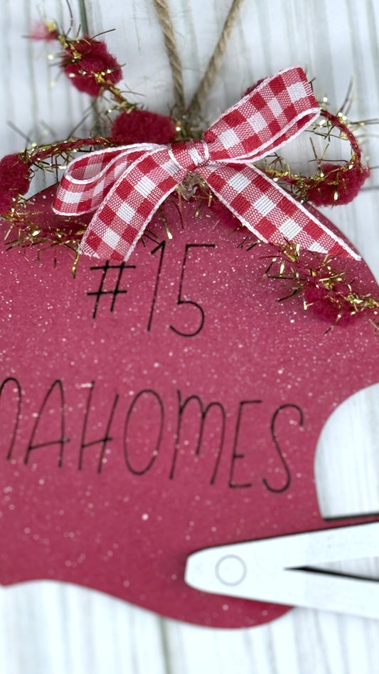 Mahomes helmet ornament measures 4x4' and reads #15 Mahomes