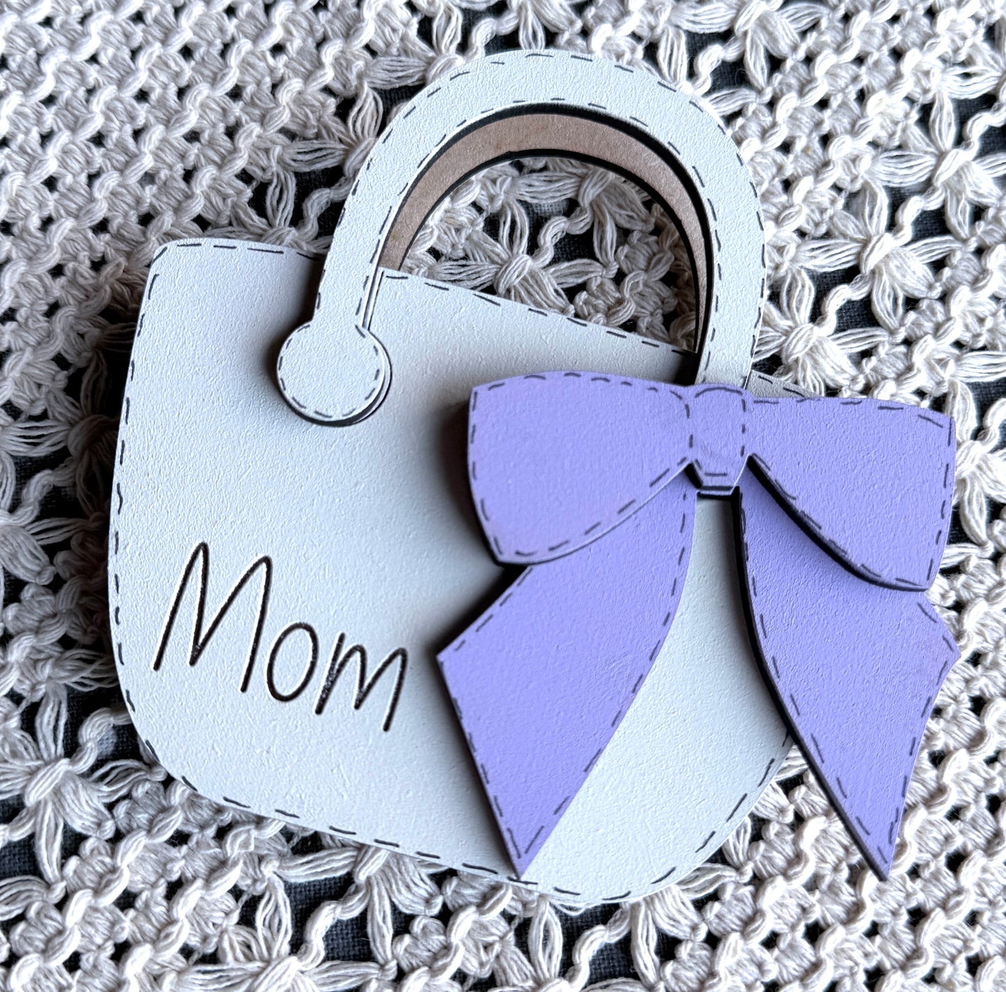 Close up detail of wooden handbag gift card holder with gift card pocket, unique keepsake gift for women