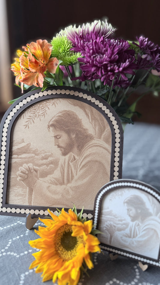 "Jesus praying in Garden of Gethsemane 9.5x10 framed religious wall art with beaded wooden frame and easel stand" shows difference of natural and white options